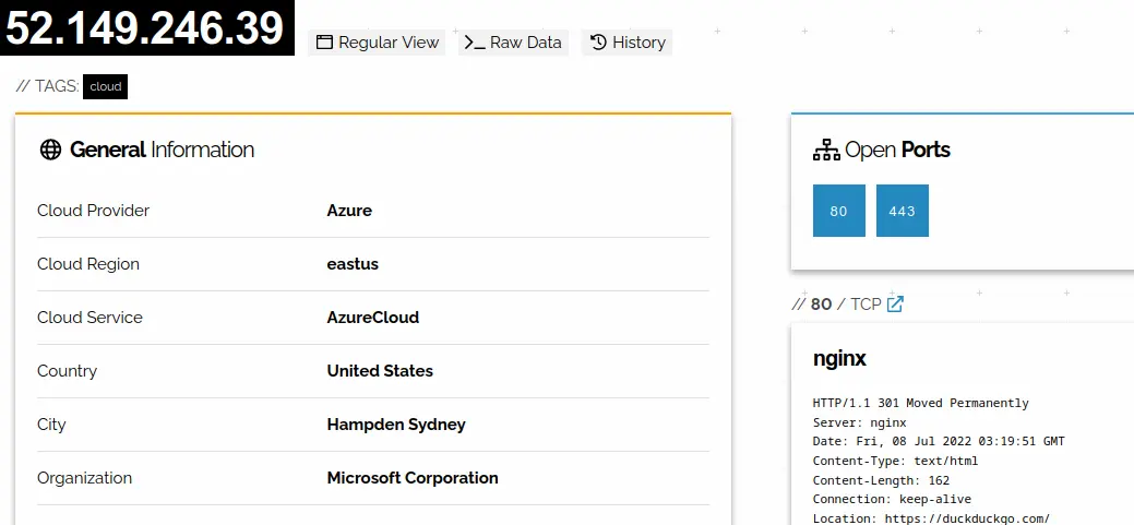 A US IP owned by Microsoft Azure hosting duckduckgo.com